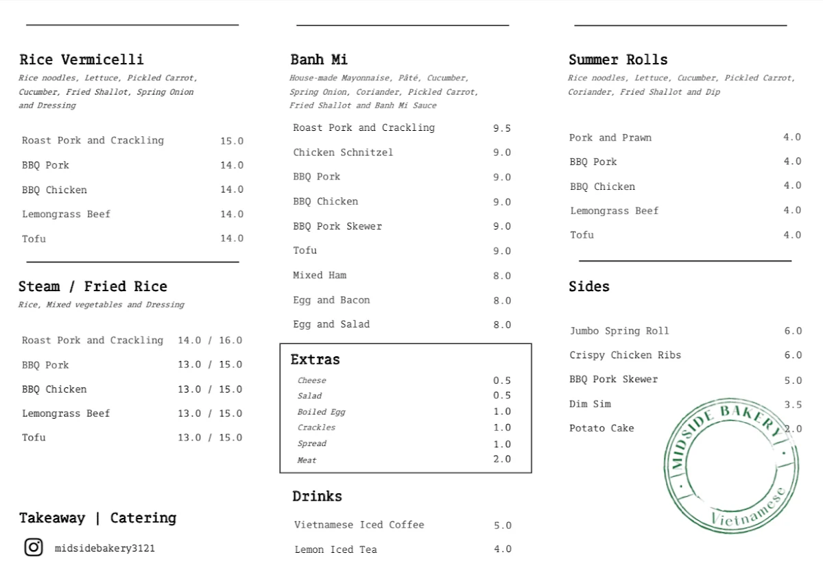 Menu, Midside Bakery