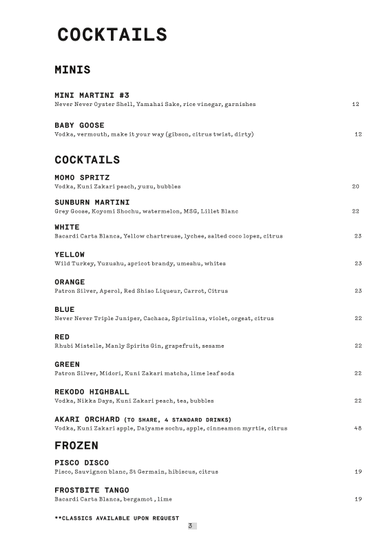 Menu, Rekodo Restaurant & Vinyl Bar