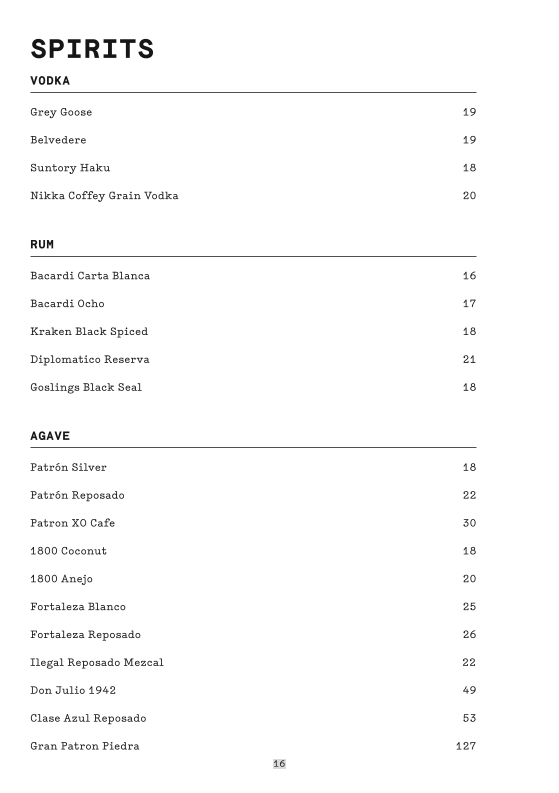 Menu, Rekodo Restaurant & Vinyl Bar