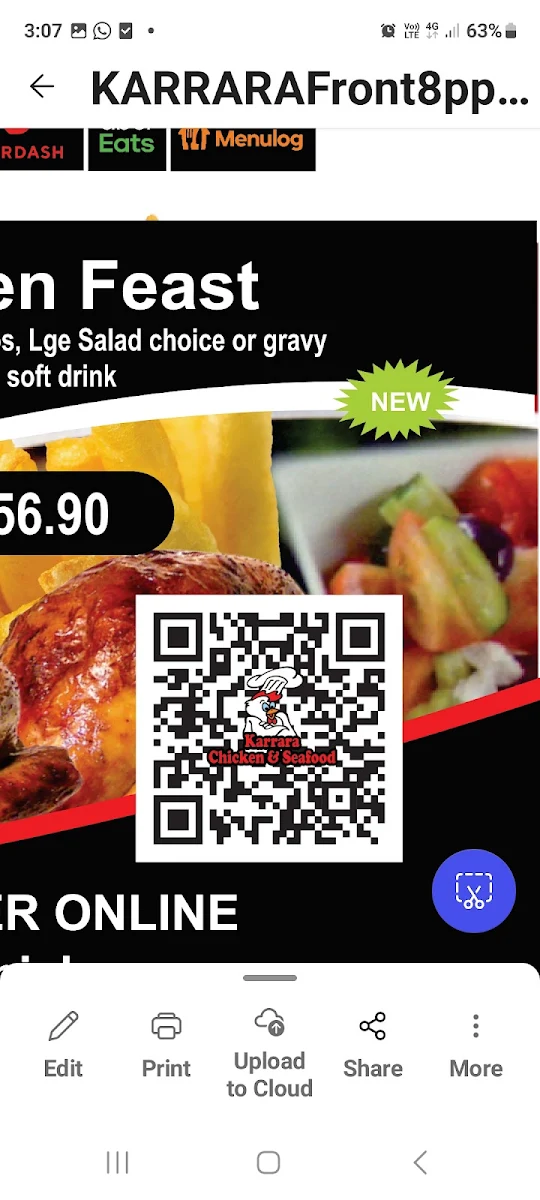Menu, Karrara chicken and seafood