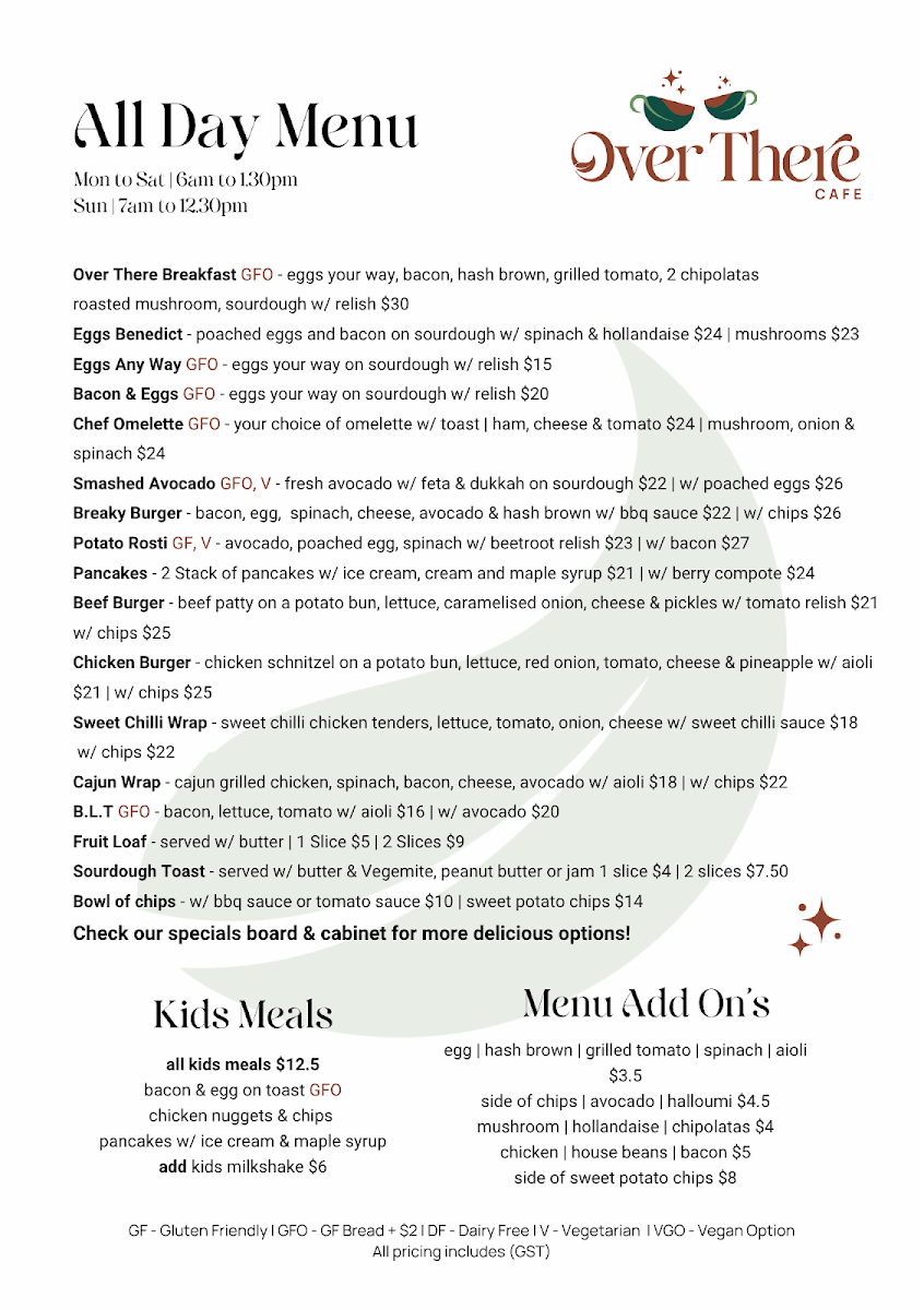Menu, Over There Cafe