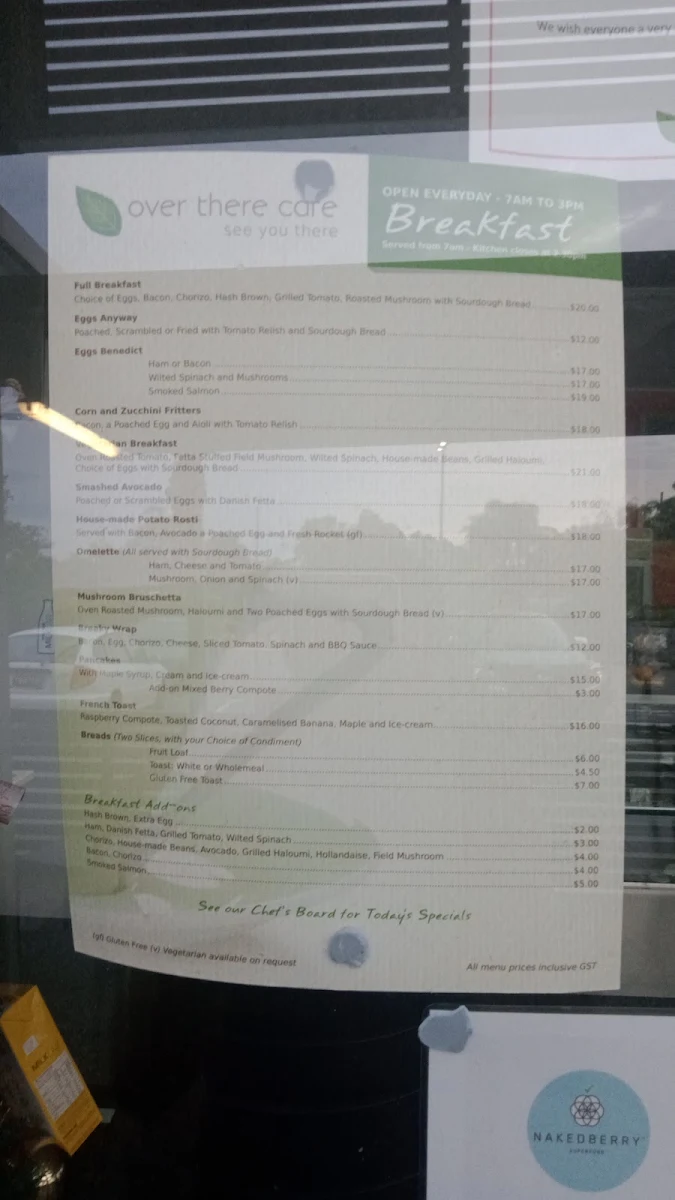 Menu, Over There Cafe