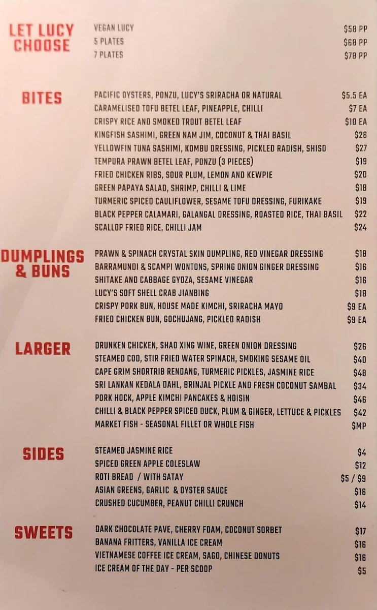 Menu, Lucy Liu Kitchen and Bar