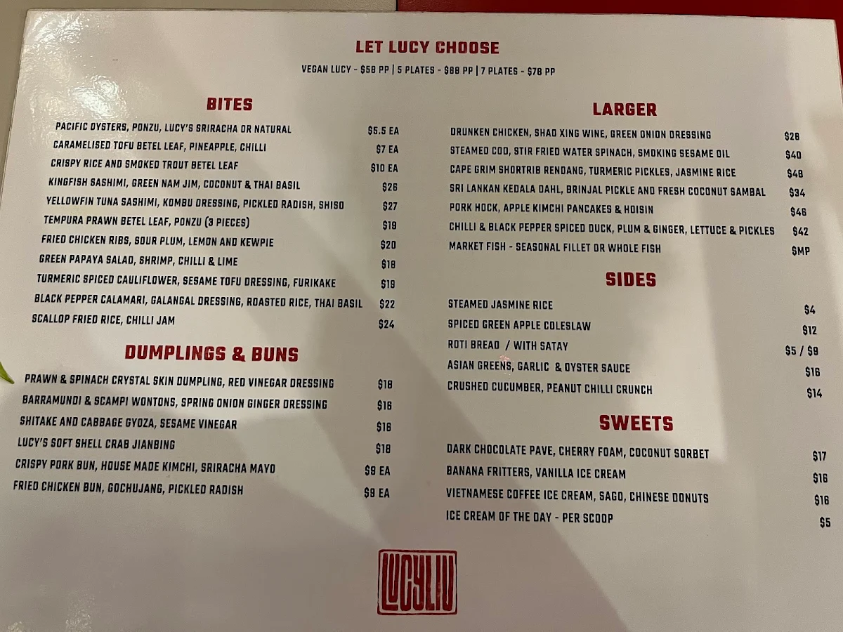 Menu, Lucy Liu Kitchen and Bar