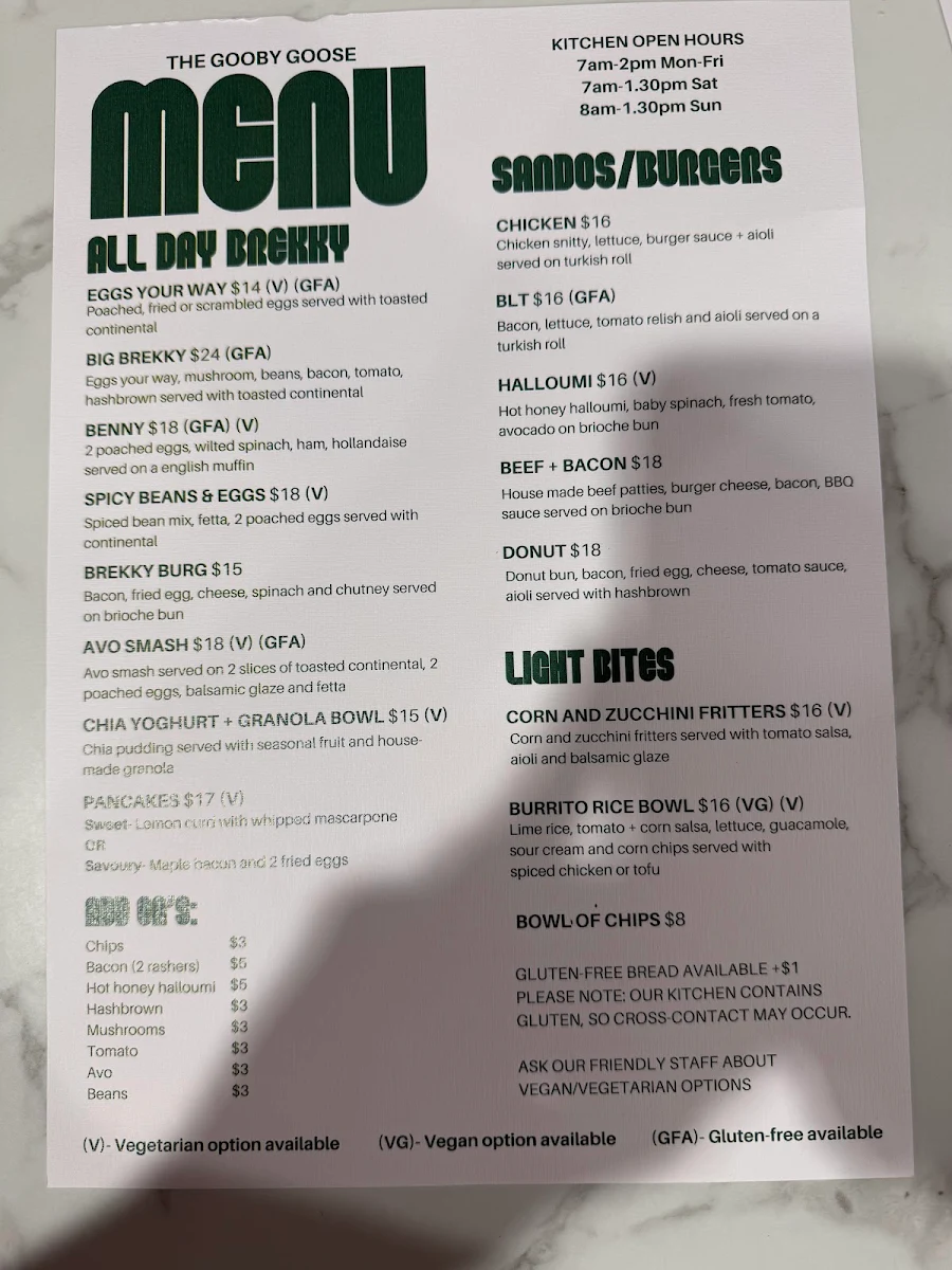 Menu, The Gooby Goose
