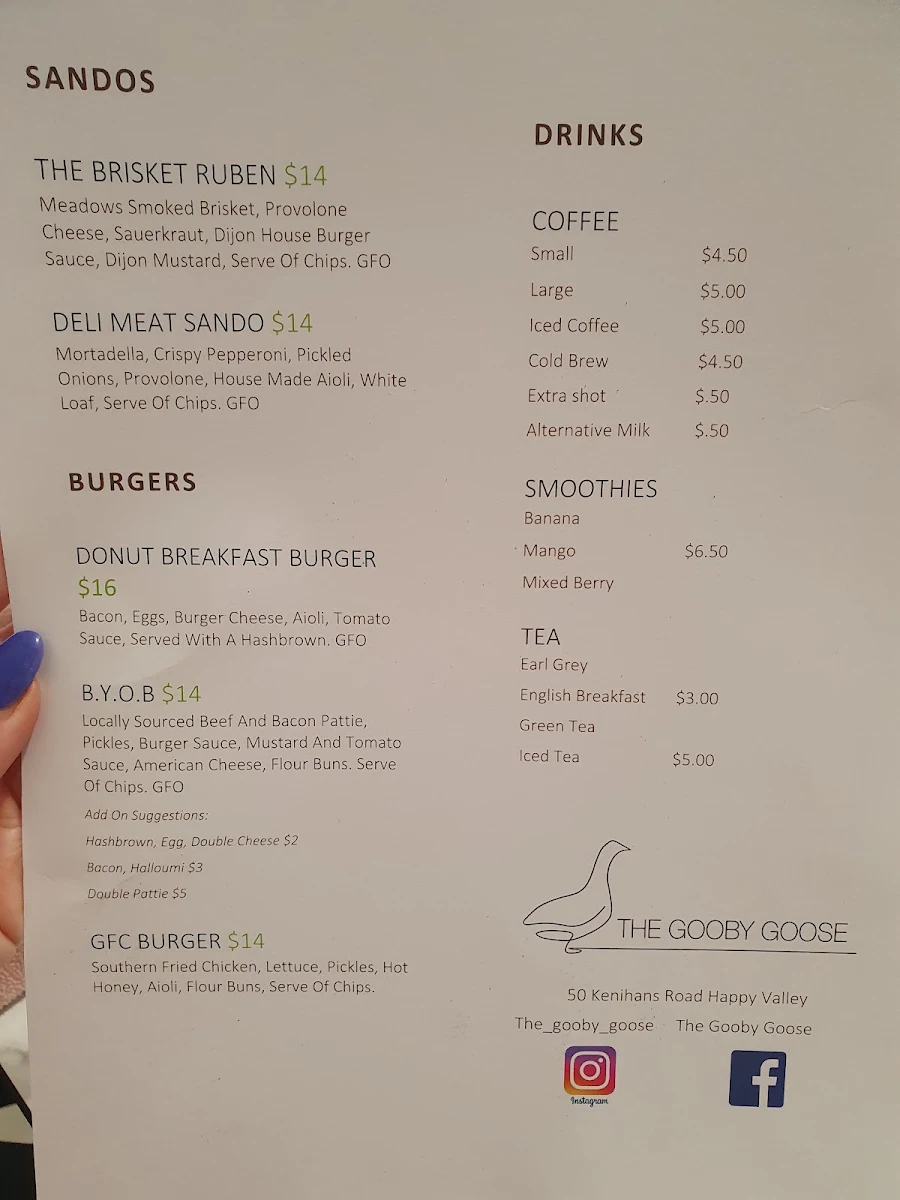 Menu, The Gooby Goose