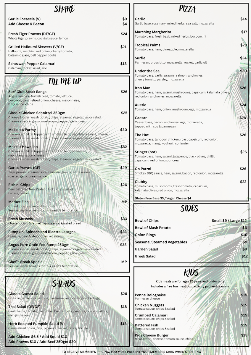 Menu, Surf Club Palm Cove