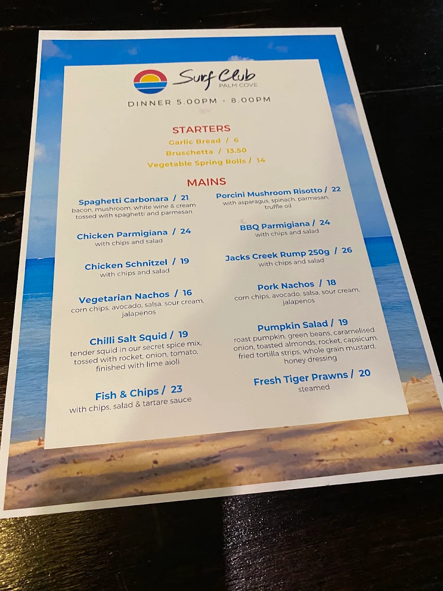 Menu, Surf Club Palm Cove