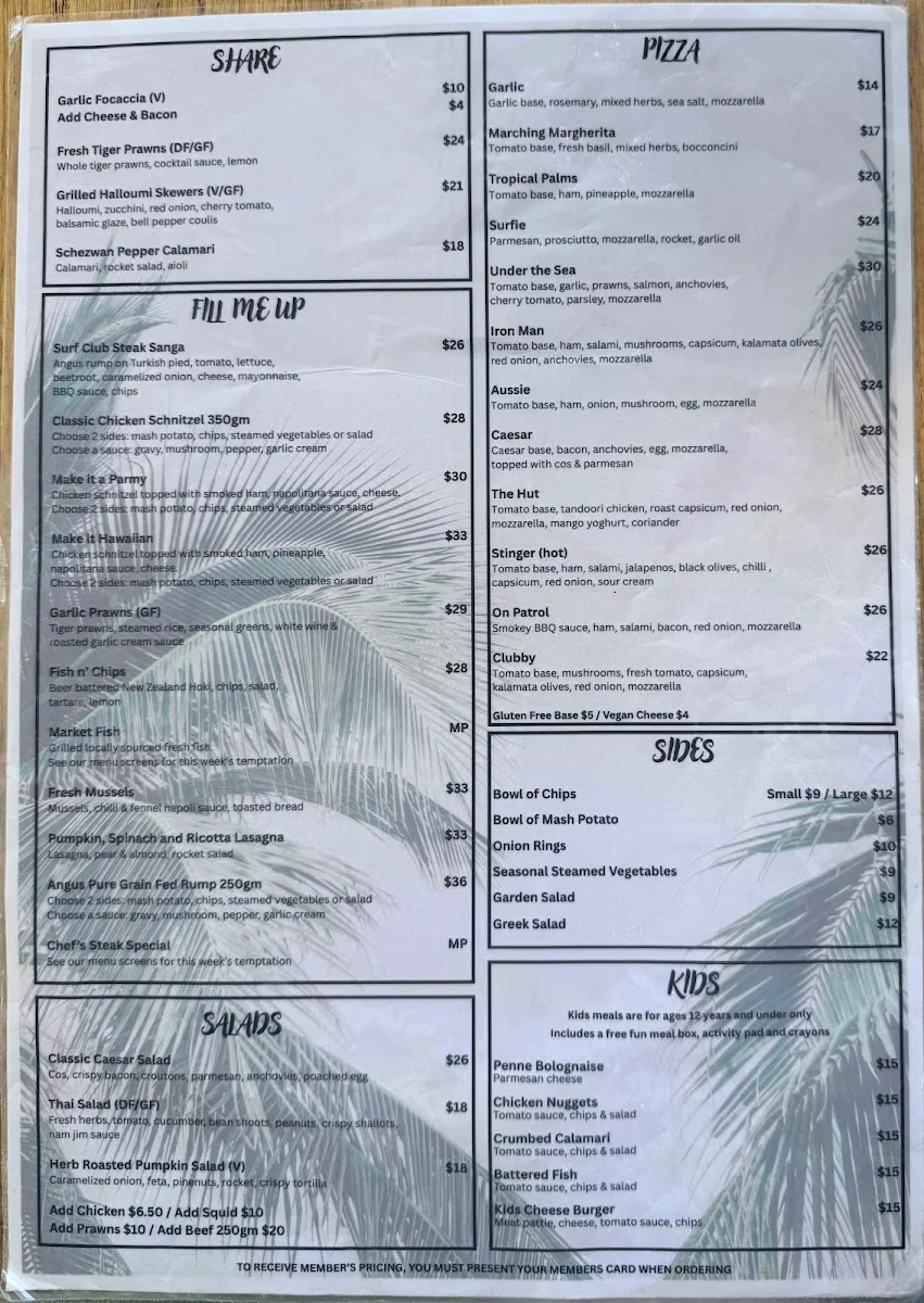 Menu, Surf Club Palm Cove