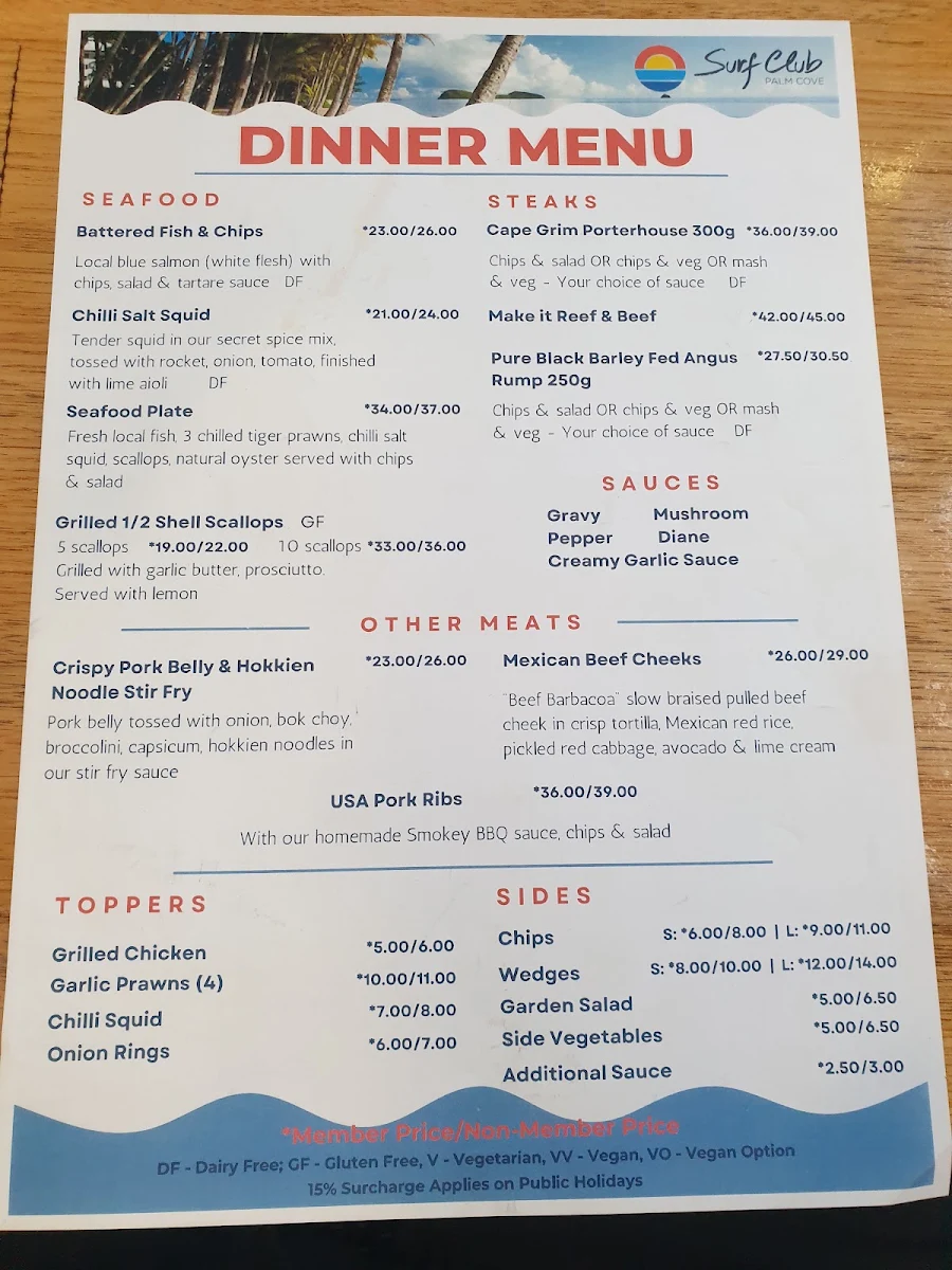 Menu, Surf Club Palm Cove