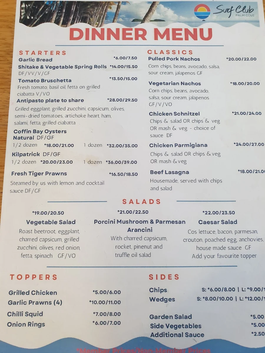 Menu, Surf Club Palm Cove