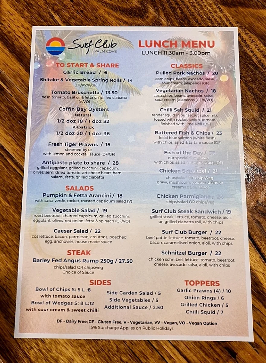 Menu, Surf Club Palm Cove