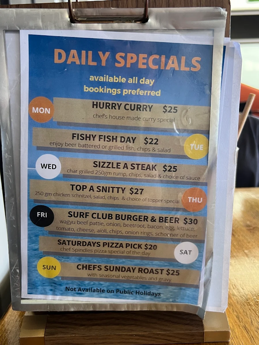 Menu, Surf Club Palm Cove