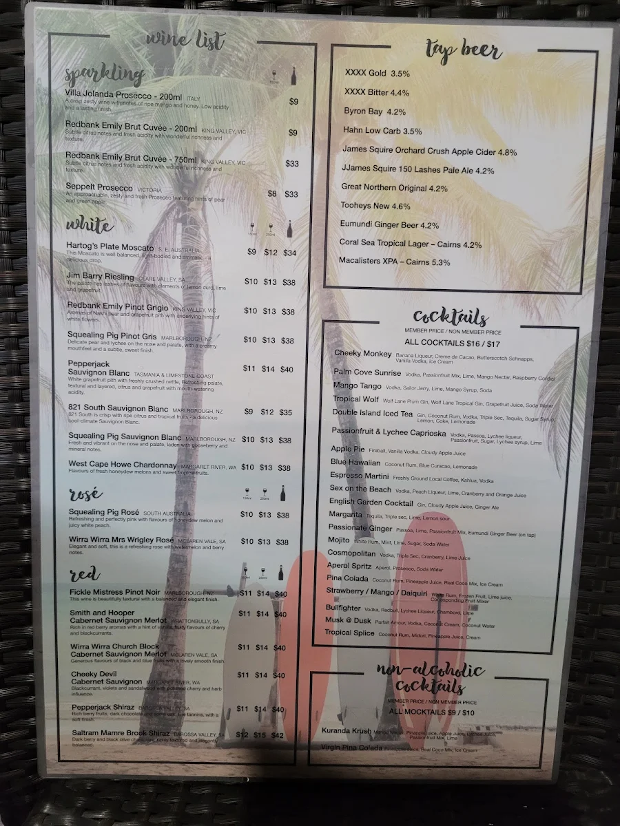 Menu, Surf Club Palm Cove