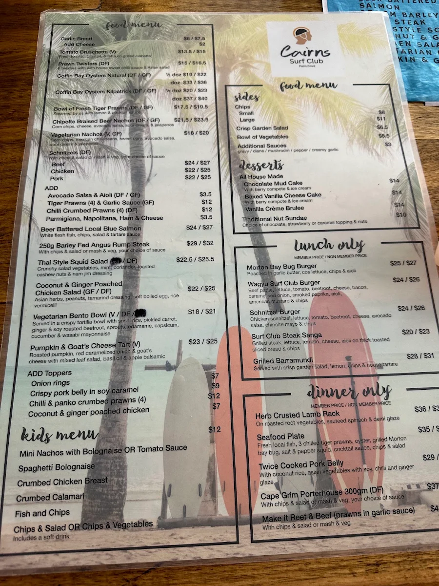 Menu, Surf Club Palm Cove