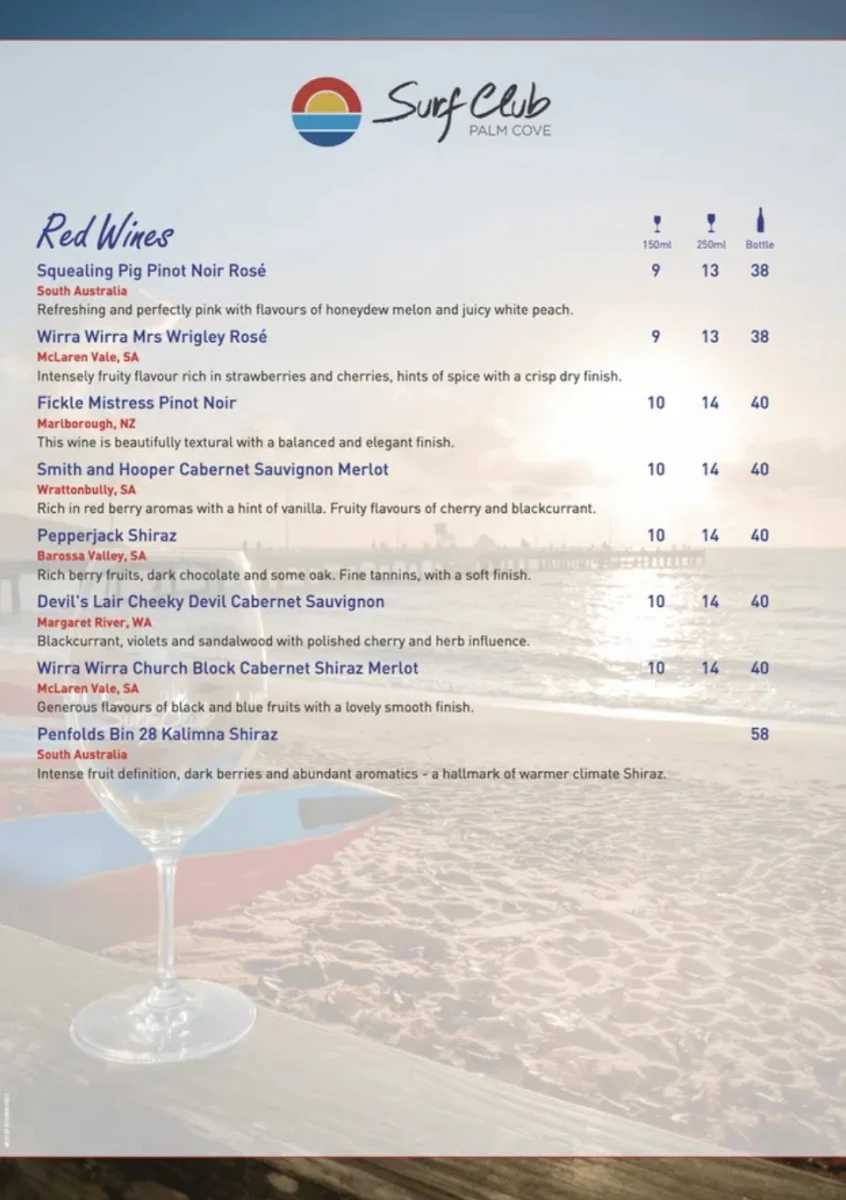 Menu, Surf Club Palm Cove