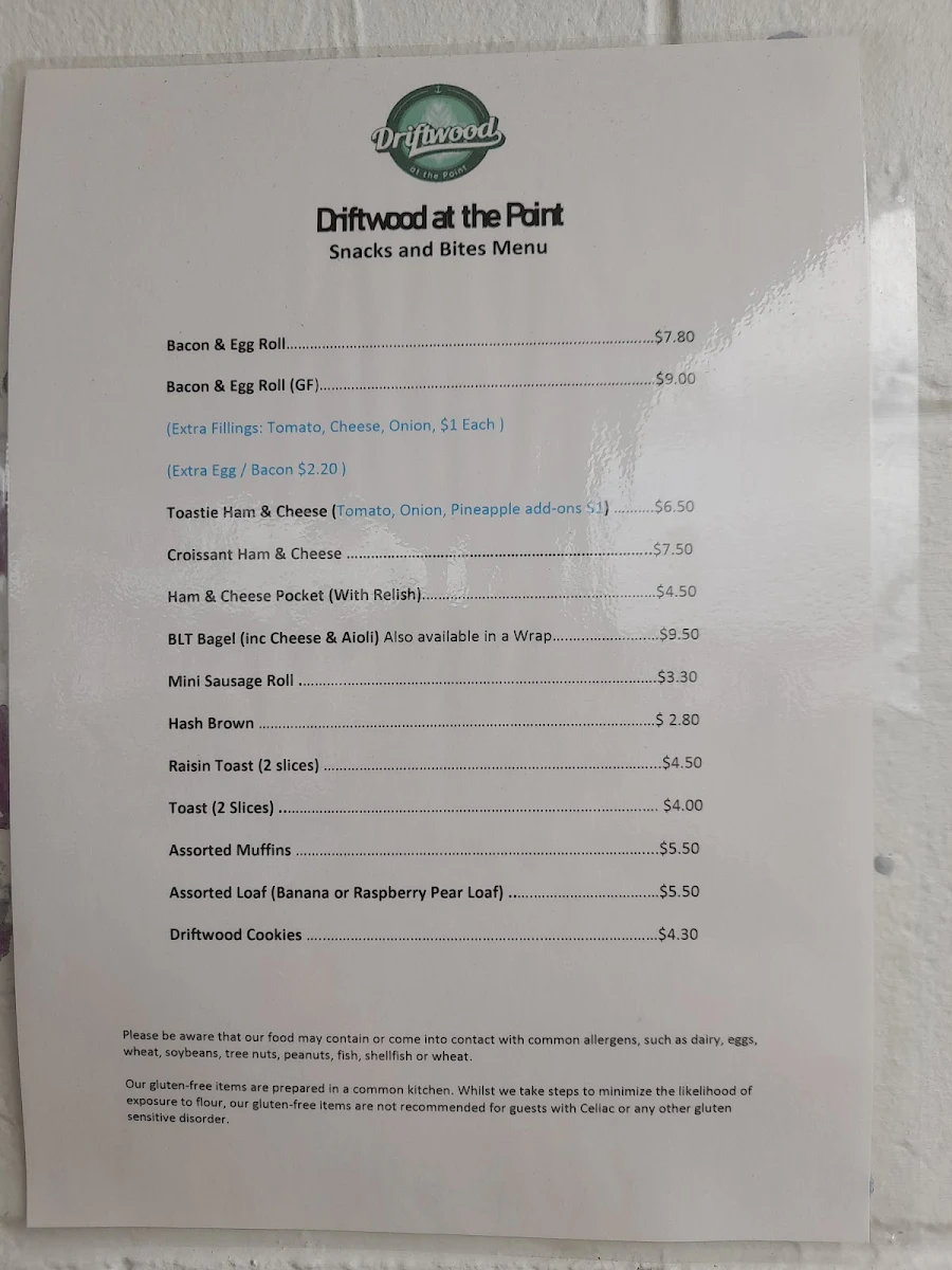 Menu, Driftwood at the Point