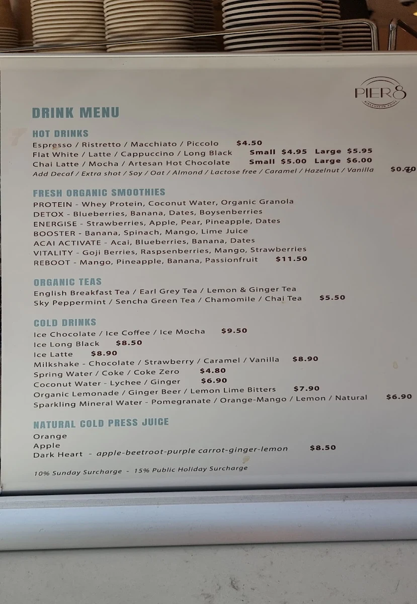 Menu, Pier 8 Cafe