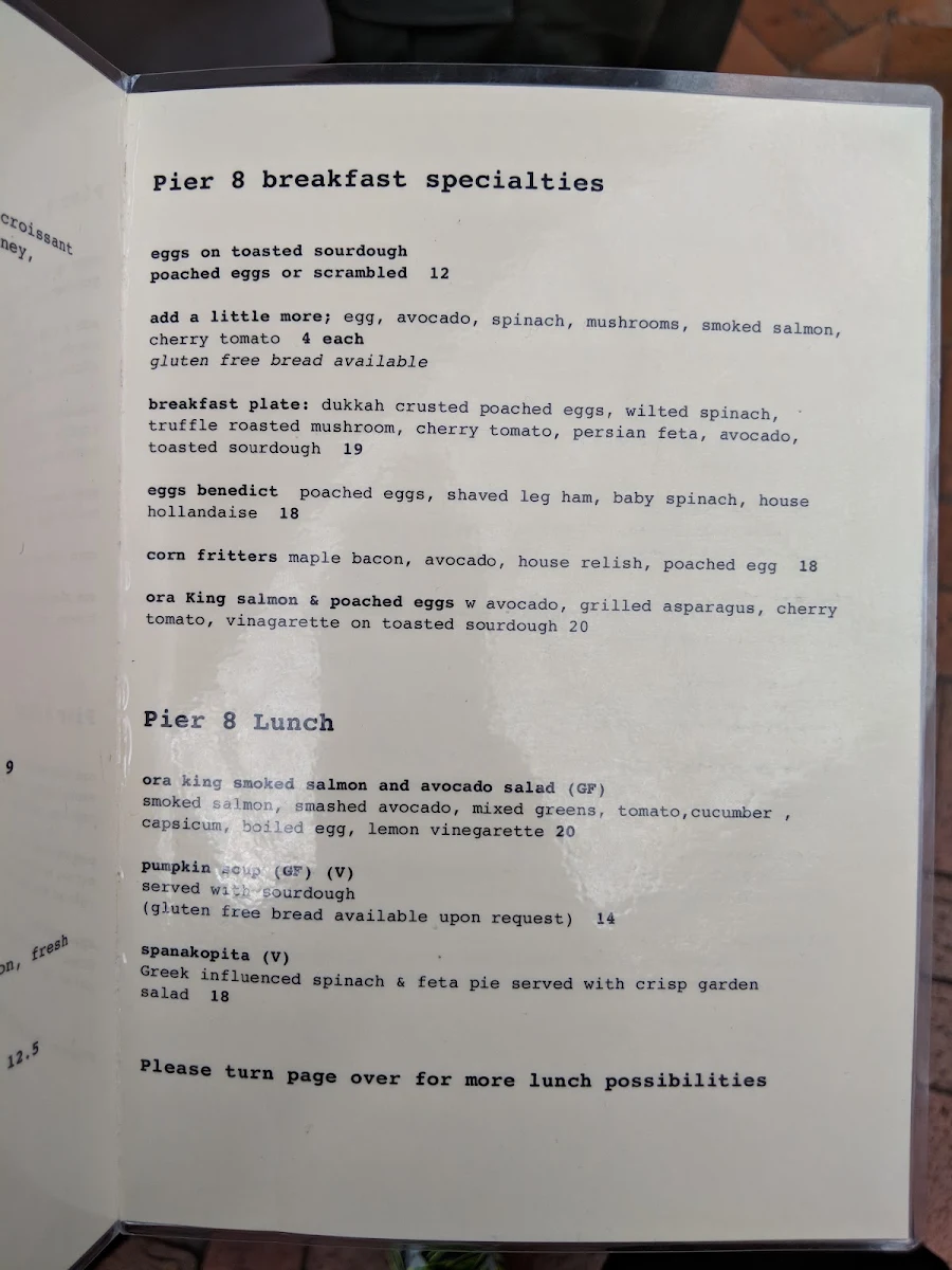 Menu, Pier 8 Cafe