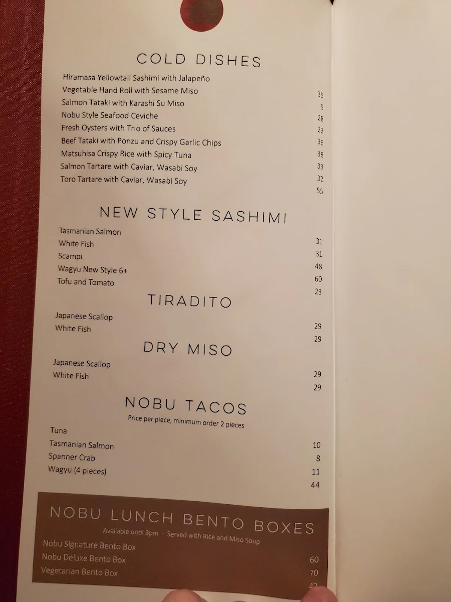 Menu, Nobu Melbourne