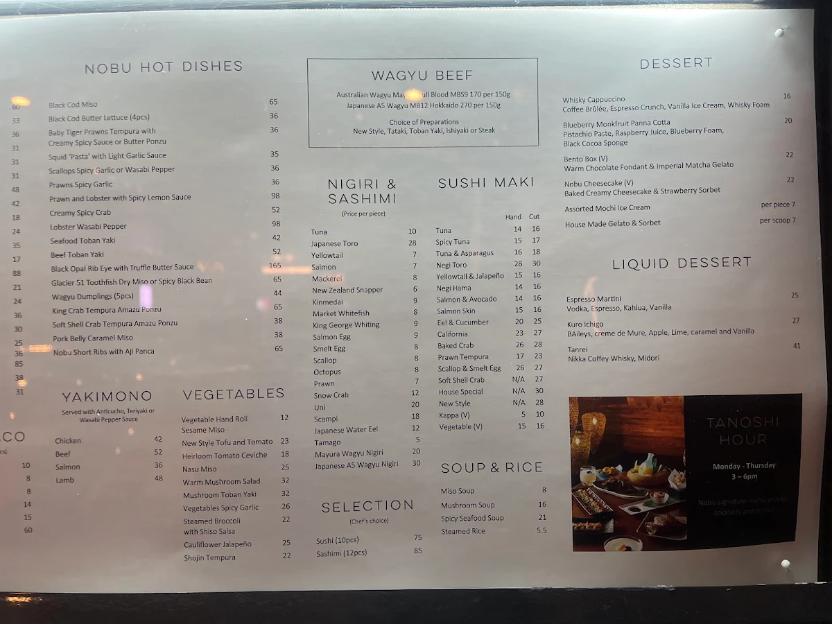 Menu, Nobu Melbourne