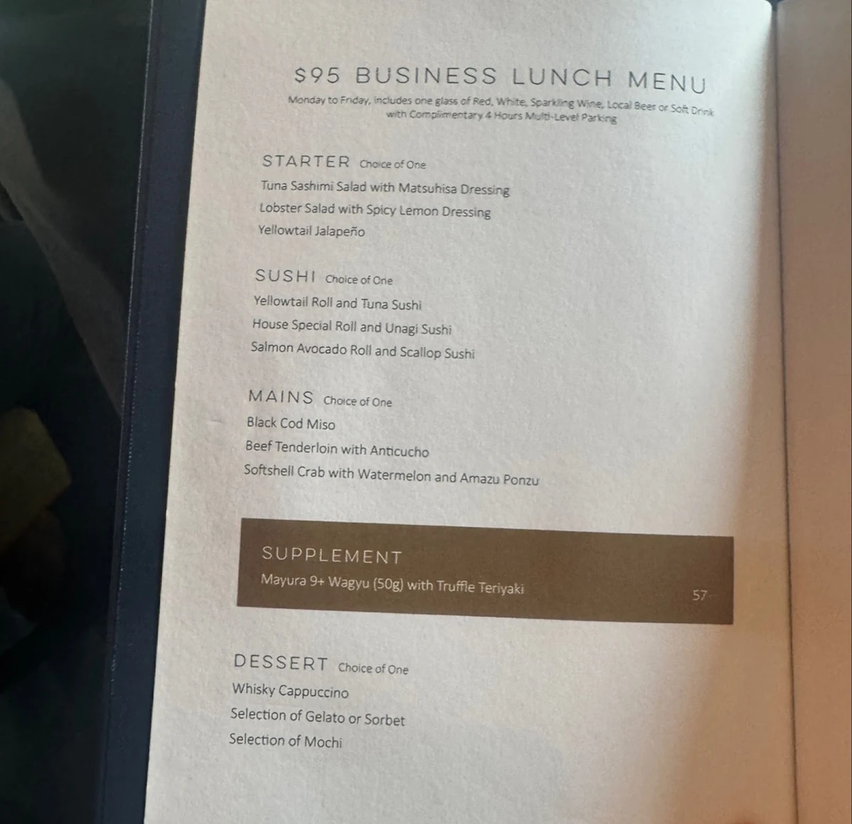Menu, Nobu Melbourne
