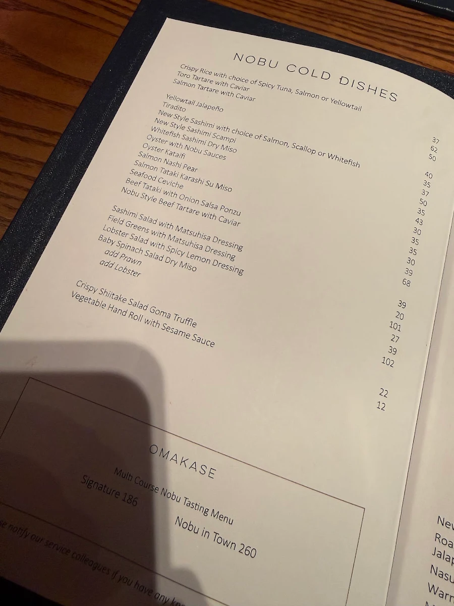 Menu, Nobu Melbourne