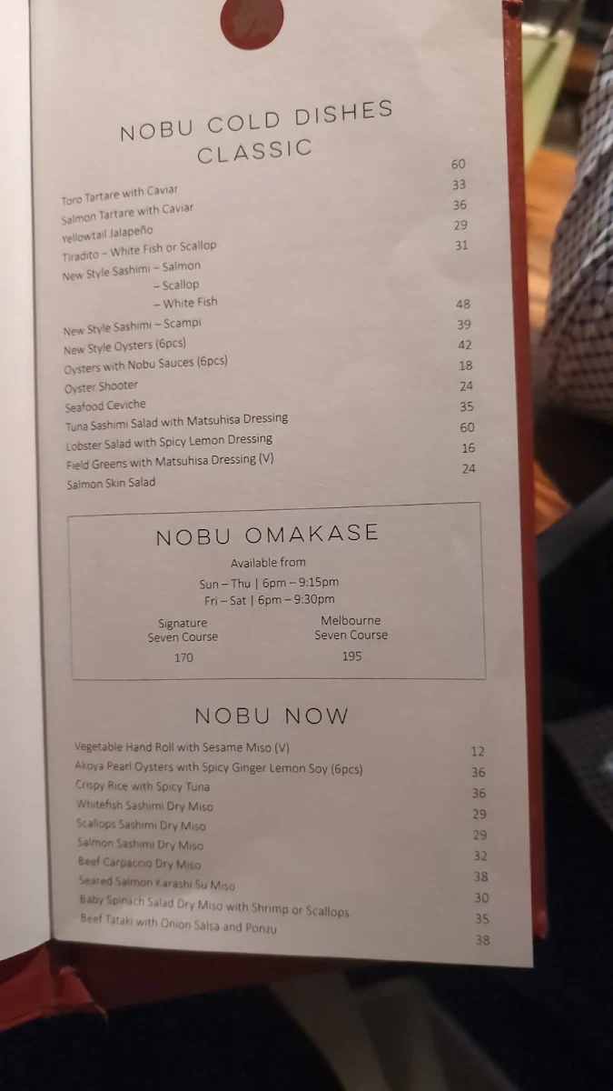 Menu, Nobu Melbourne
