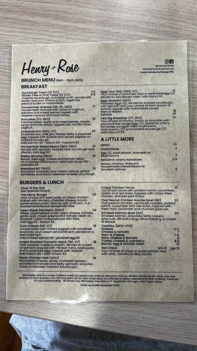 Menu, Henry & Rose