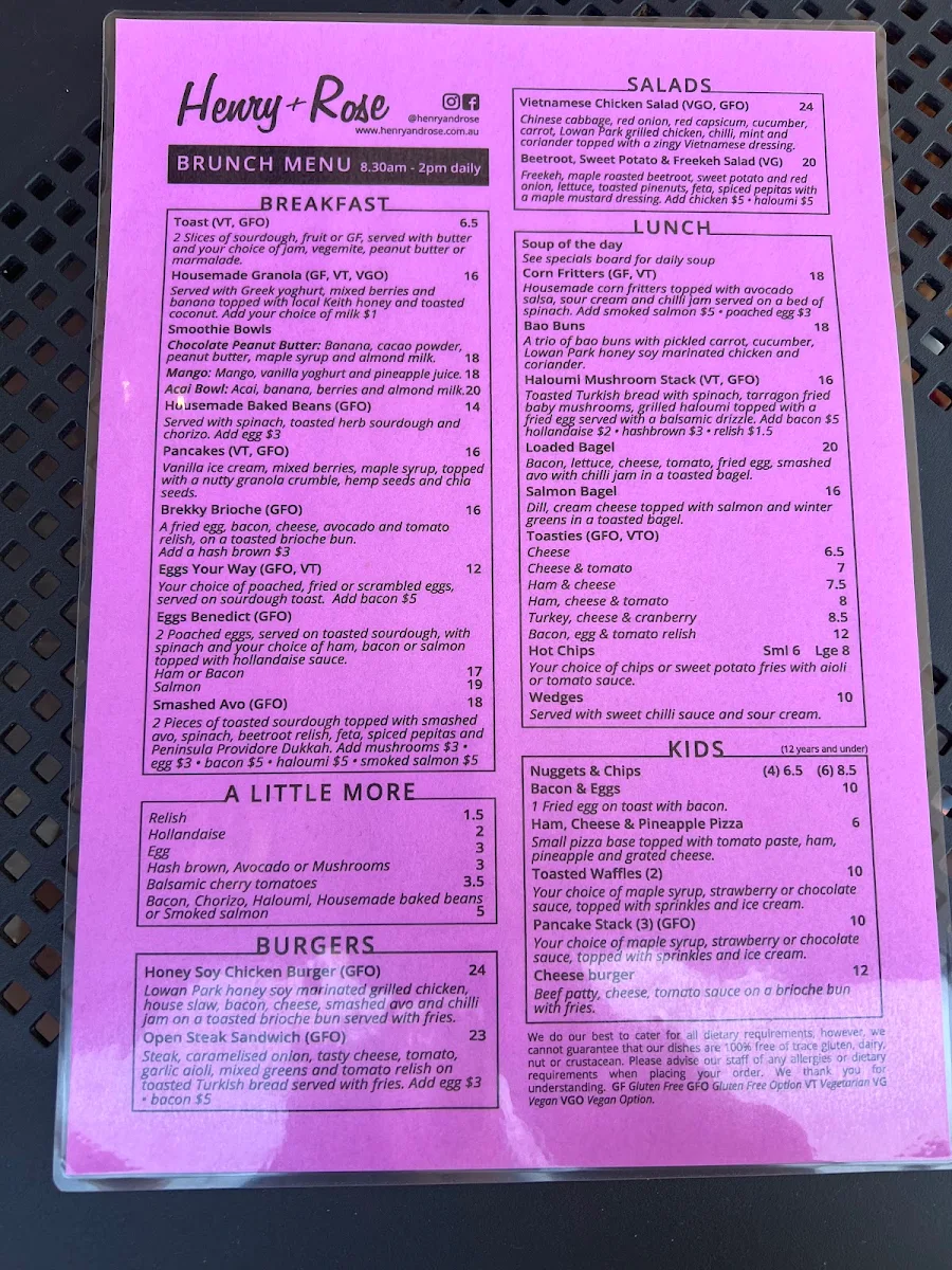 Menu, Henry & Rose