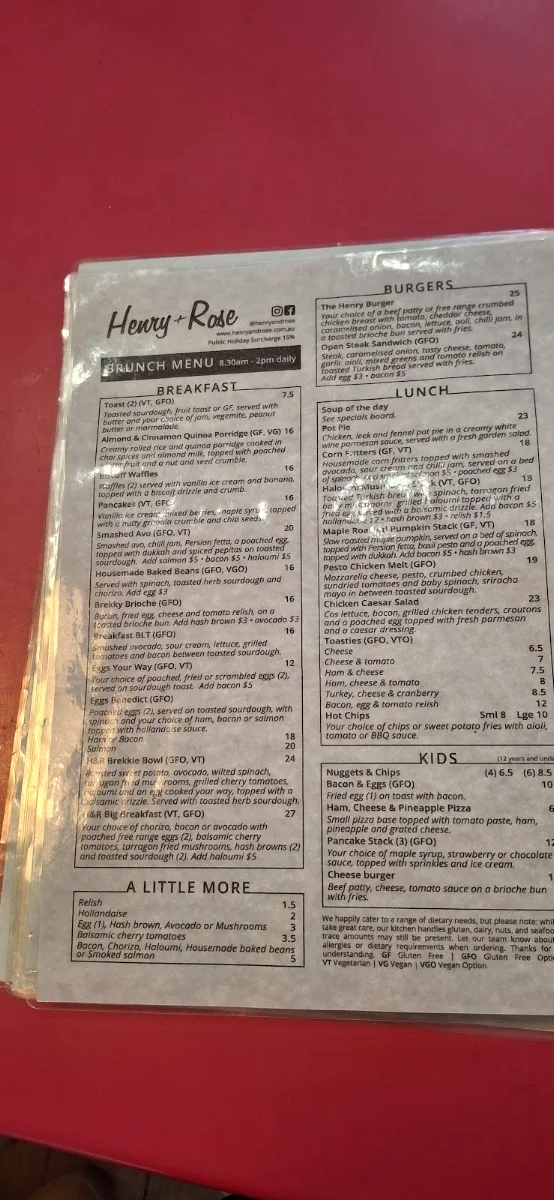 Menu, Henry & Rose