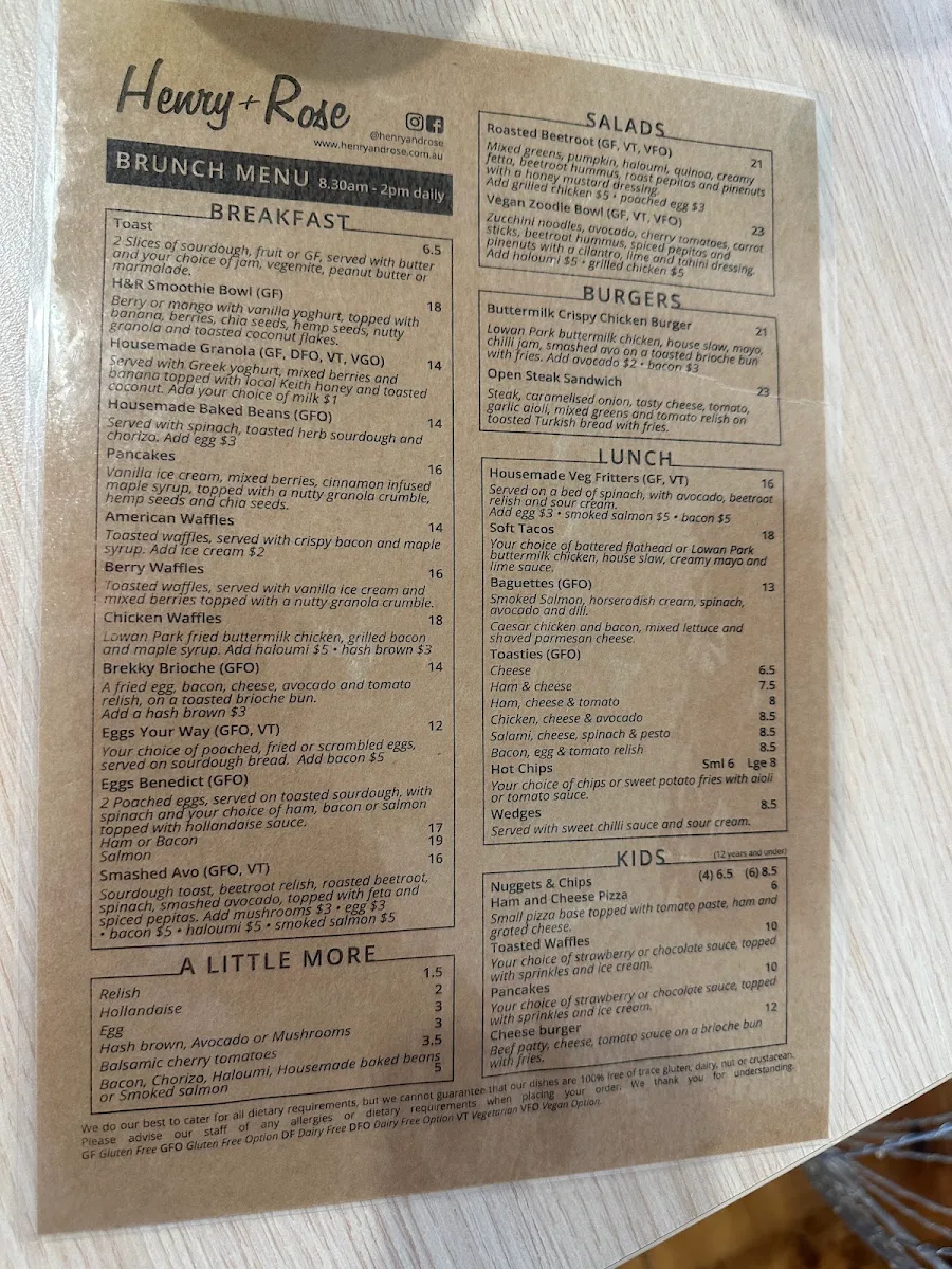 Menu, Henry & Rose