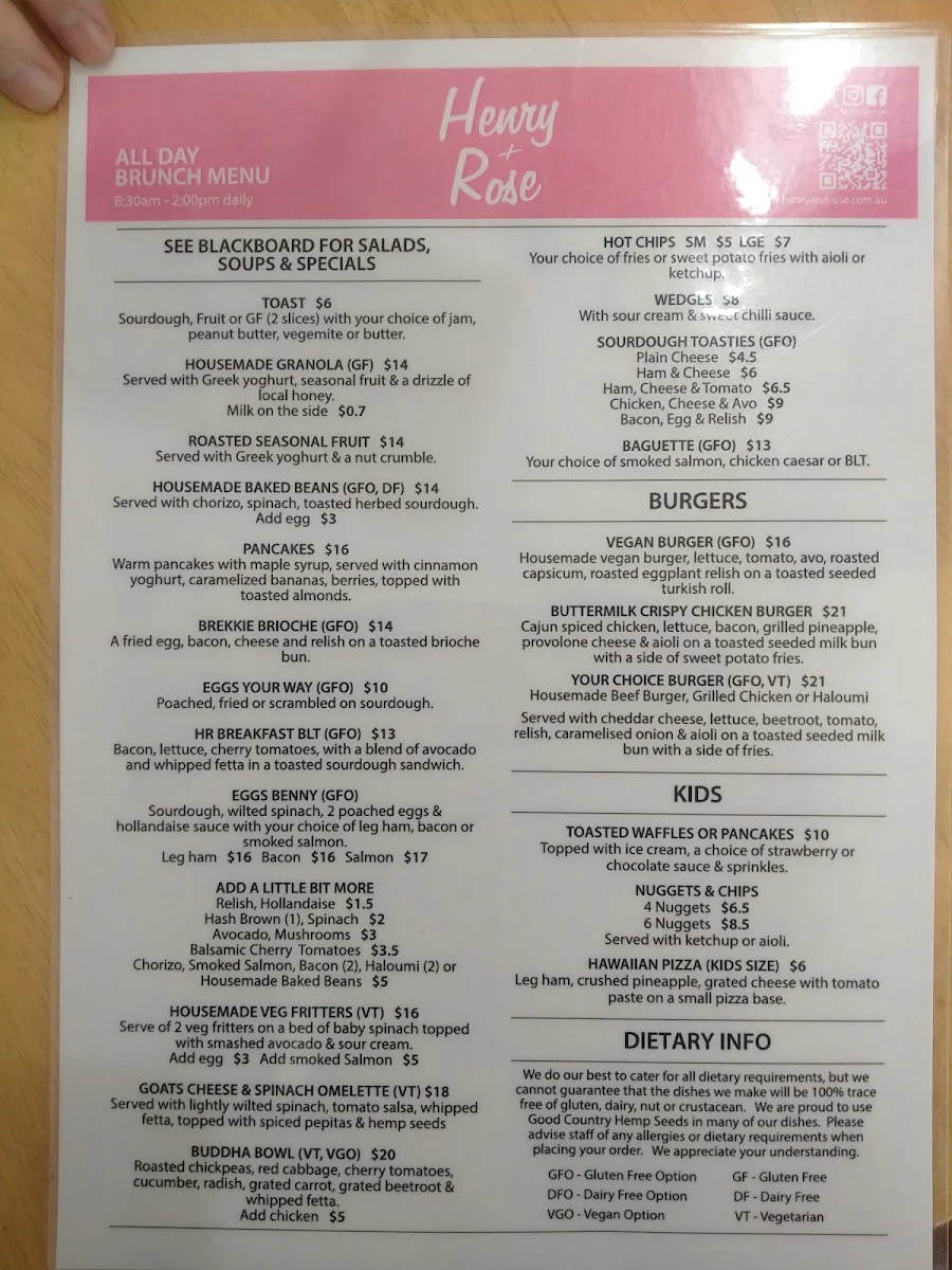 Menu, Henry & Rose