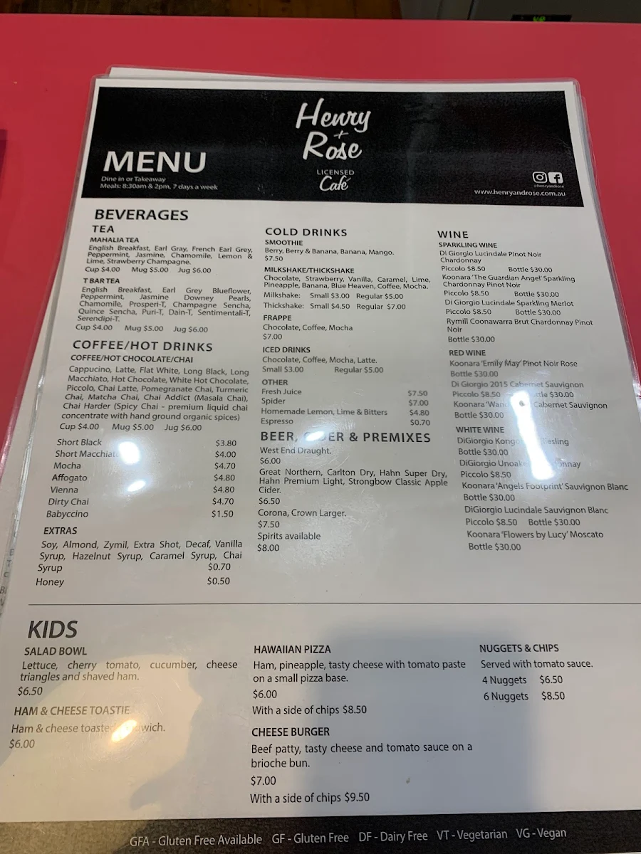 Menu, Henry & Rose