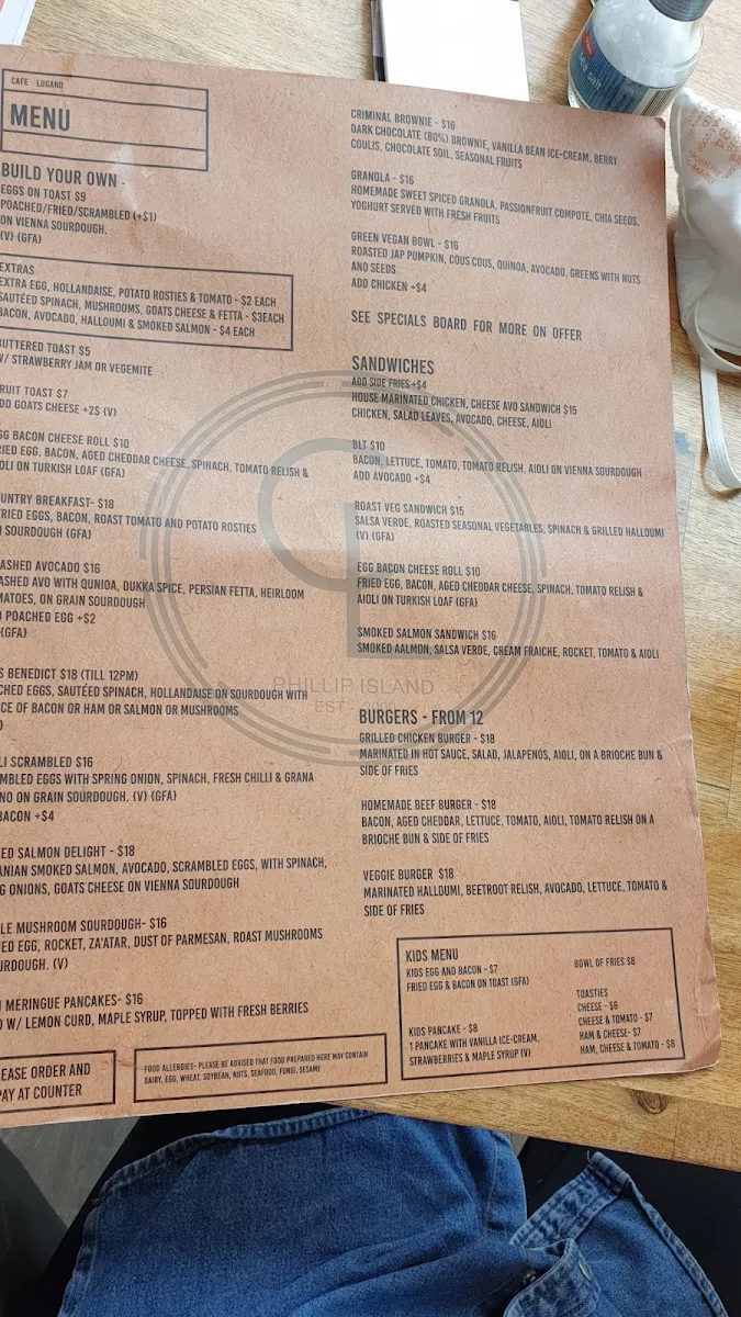 Menu, Cafe Lugano