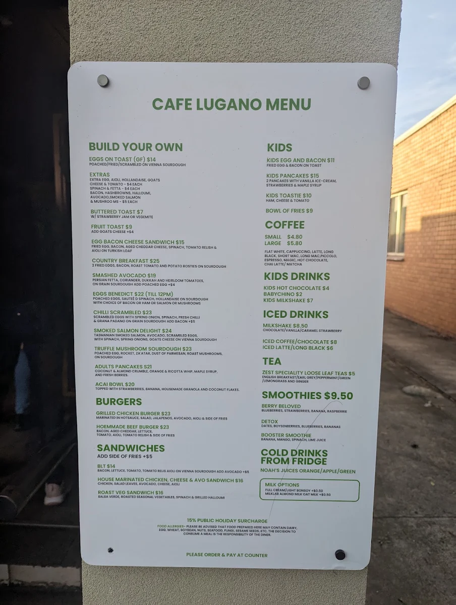 Menu, Cafe Lugano