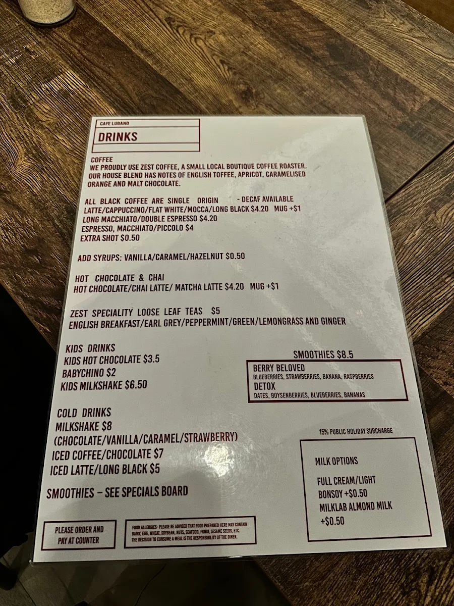 Menu, Cafe Lugano