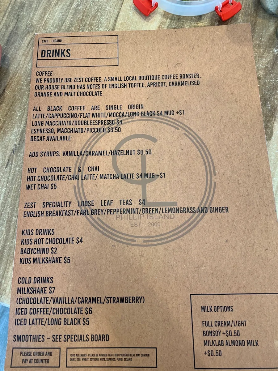 Menu, Cafe Lugano