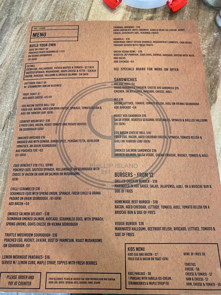 Menu, Cafe Lugano