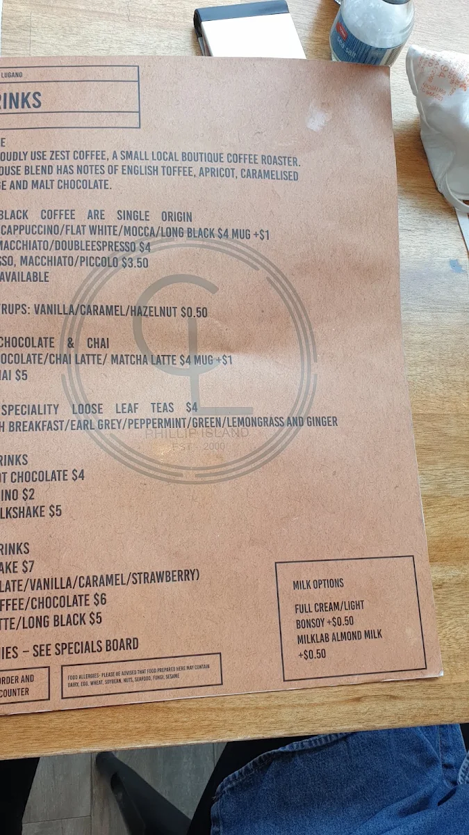 Menu, Cafe Lugano