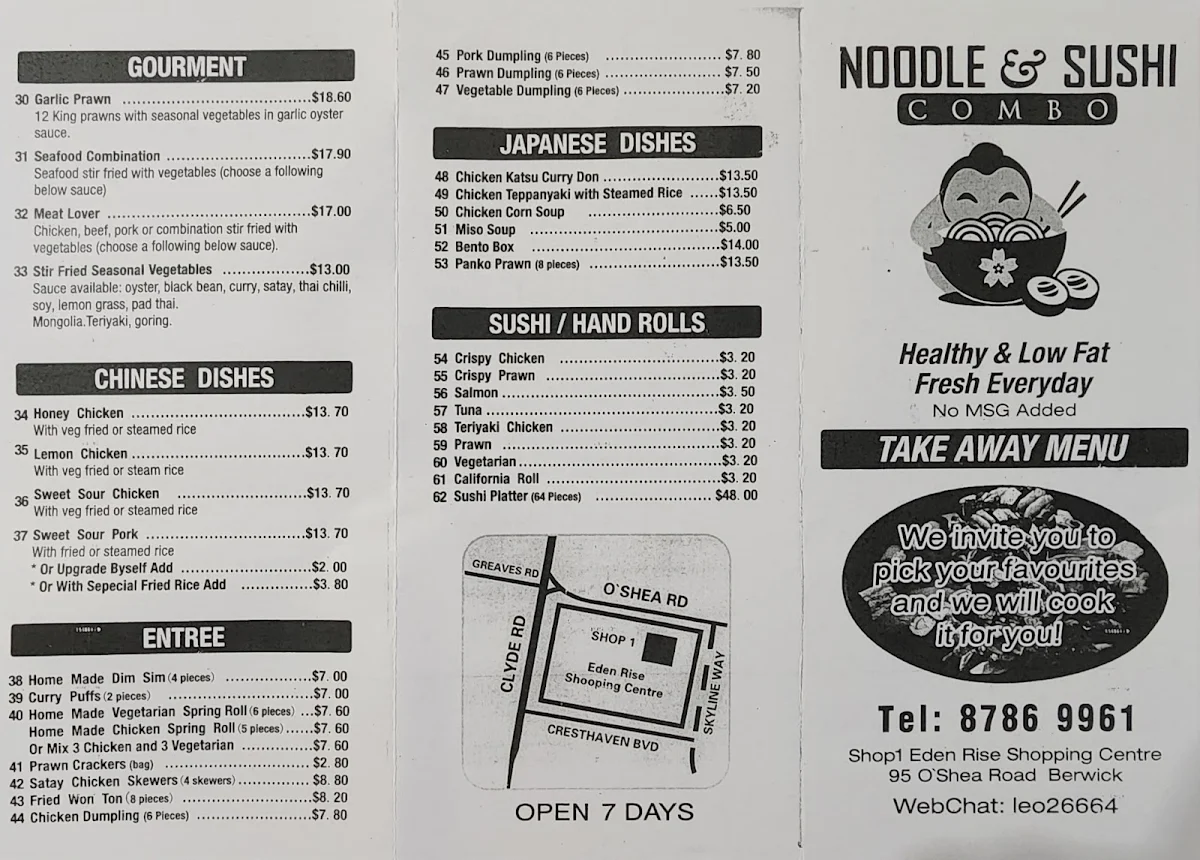 Menu, Noodles & Sushi Combo