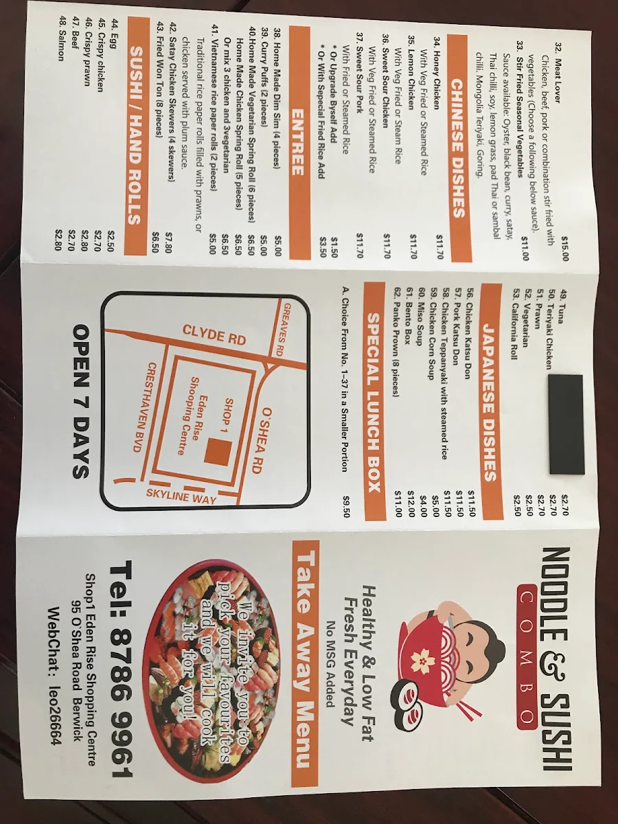 Menu, Noodles & Sushi Combo