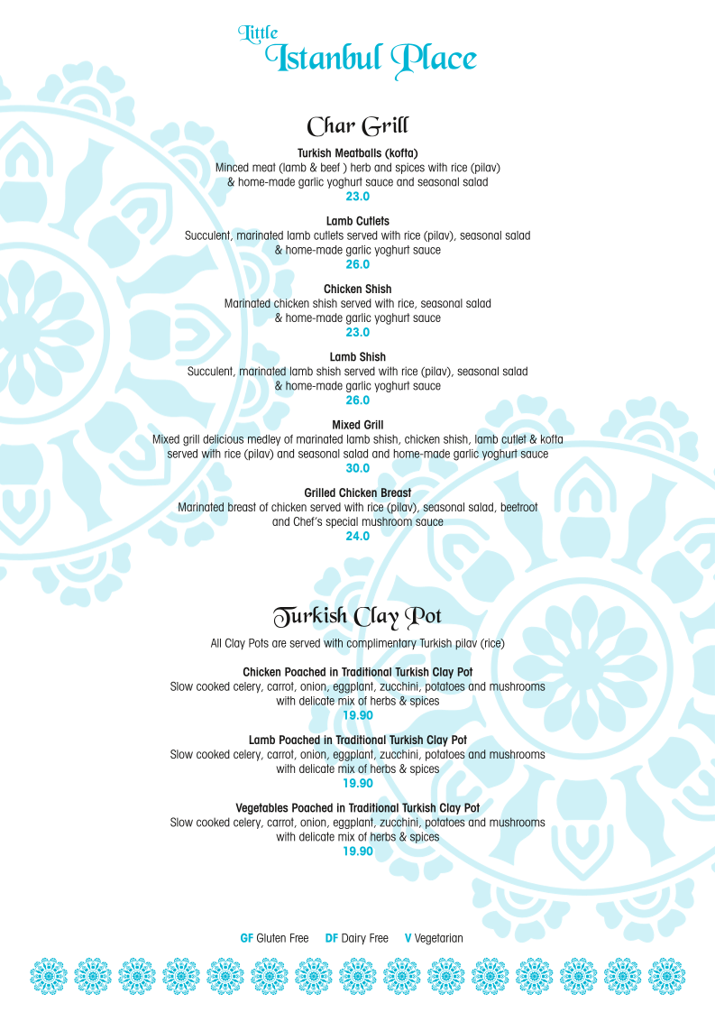 Menu, Little Istanbul Place