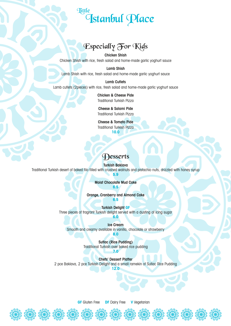 Menu, Little Istanbul Place