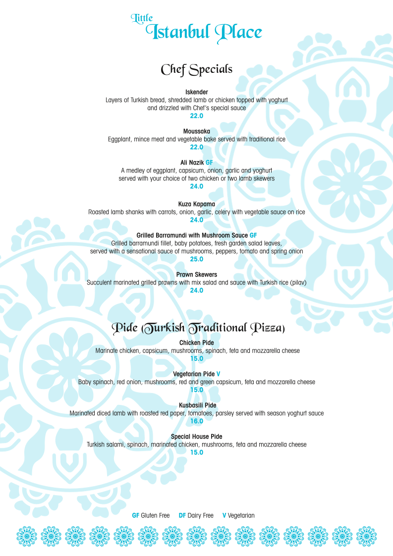 Menu, Little Istanbul Place