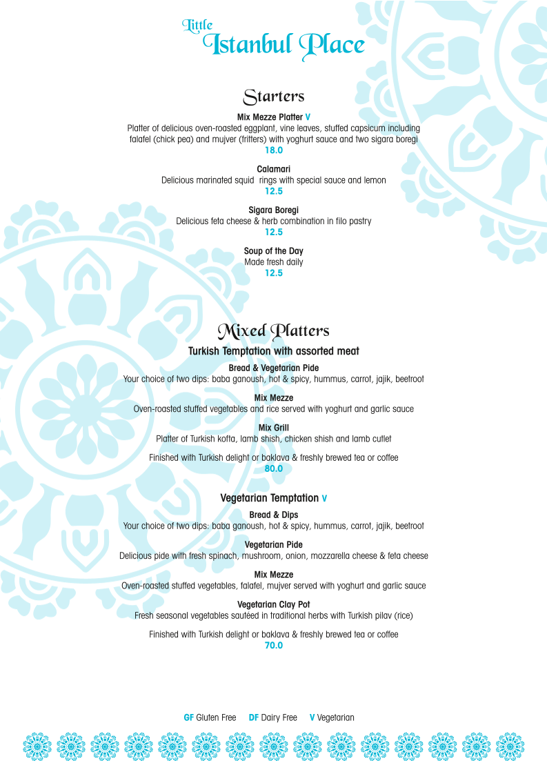 Menu, Little Istanbul Place