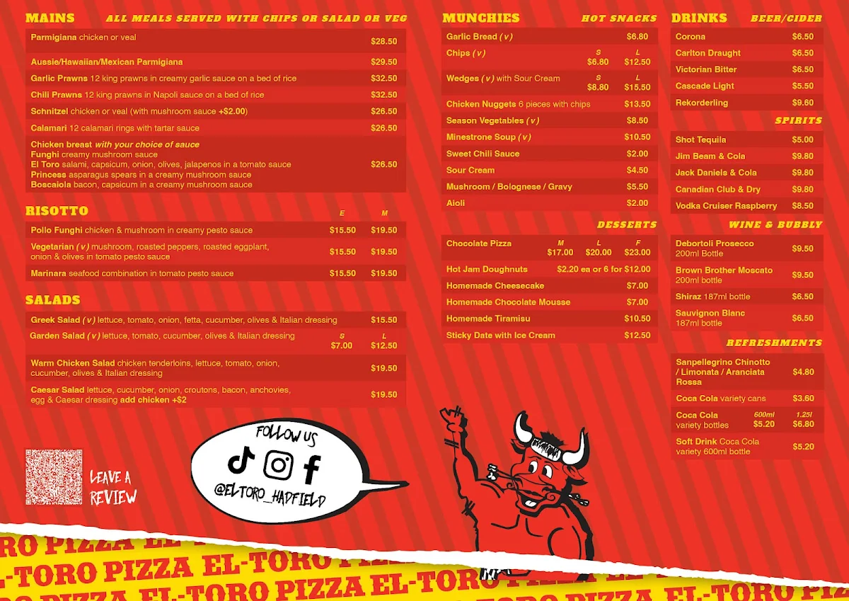 Menu, El Toro Pizza Hadfield