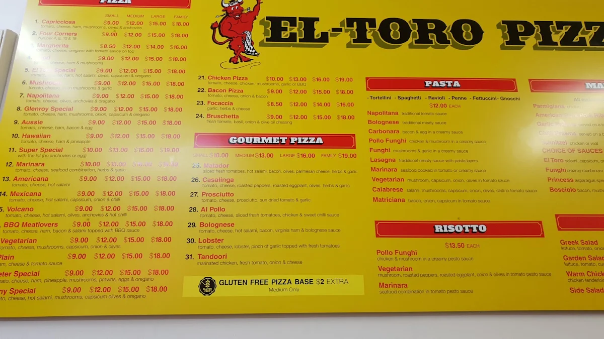 Menu, El Toro Pizza Hadfield