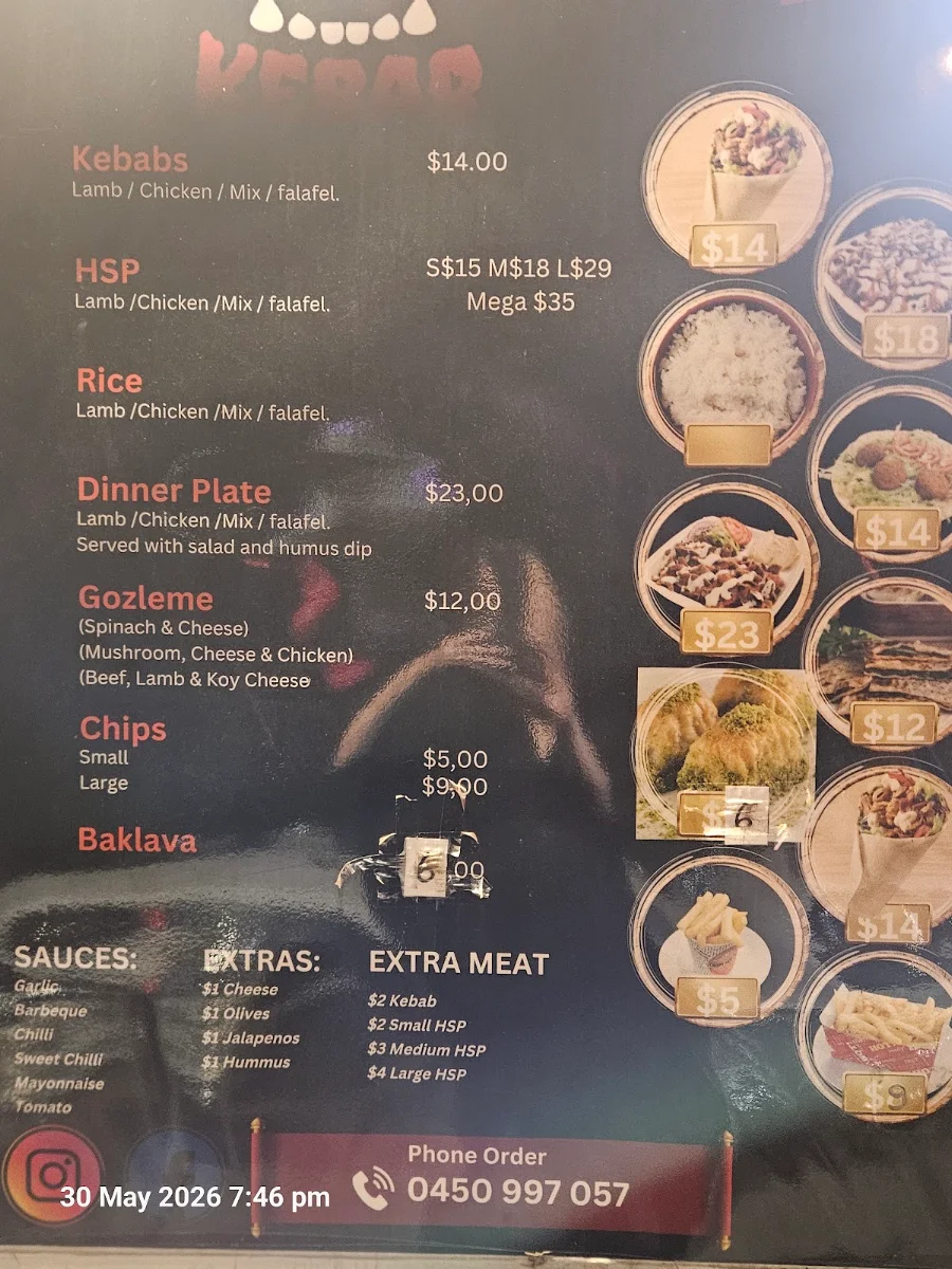 Menu, Monster Kebab Endeavour Hills