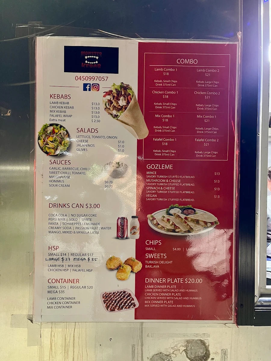 Menu, Monster Kebab Endeavour Hills